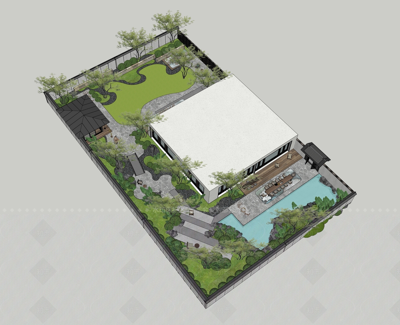 现代新中式别墅庭院SU模型下载【ID:1206233545】