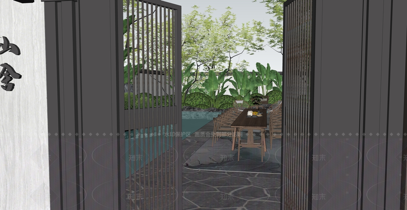 现代新中式别墅庭院SU模型下载【ID:1206233545】