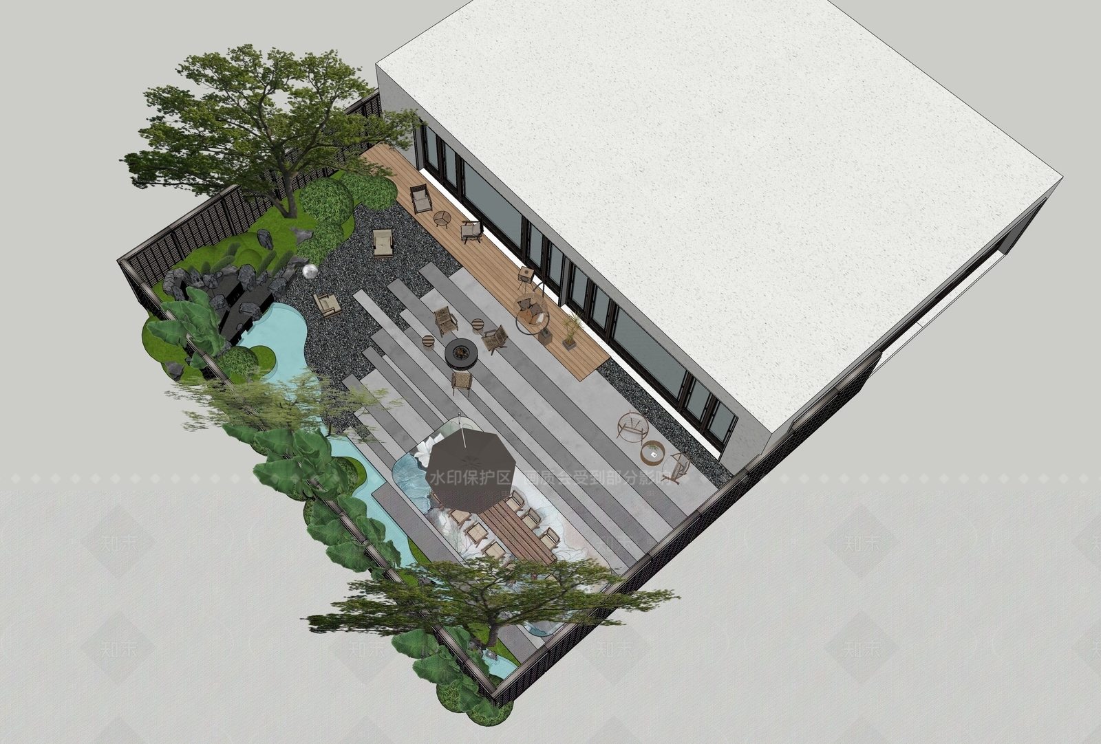 现代新中式别墅庭院SU模型下载【ID:1206233539】