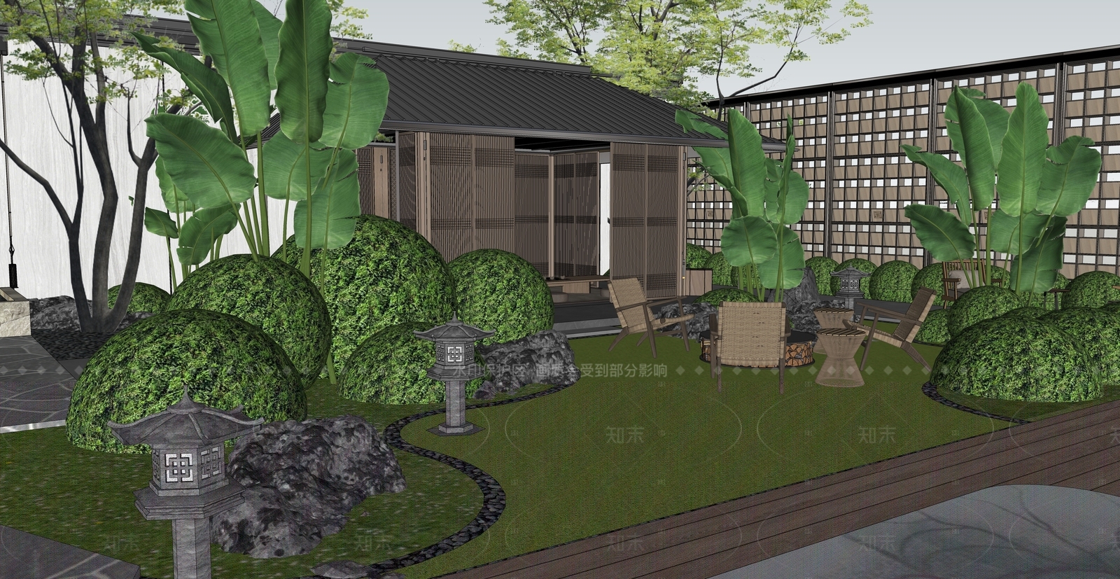 现代新中式别墅庭院SU模型下载【ID:1206233652】