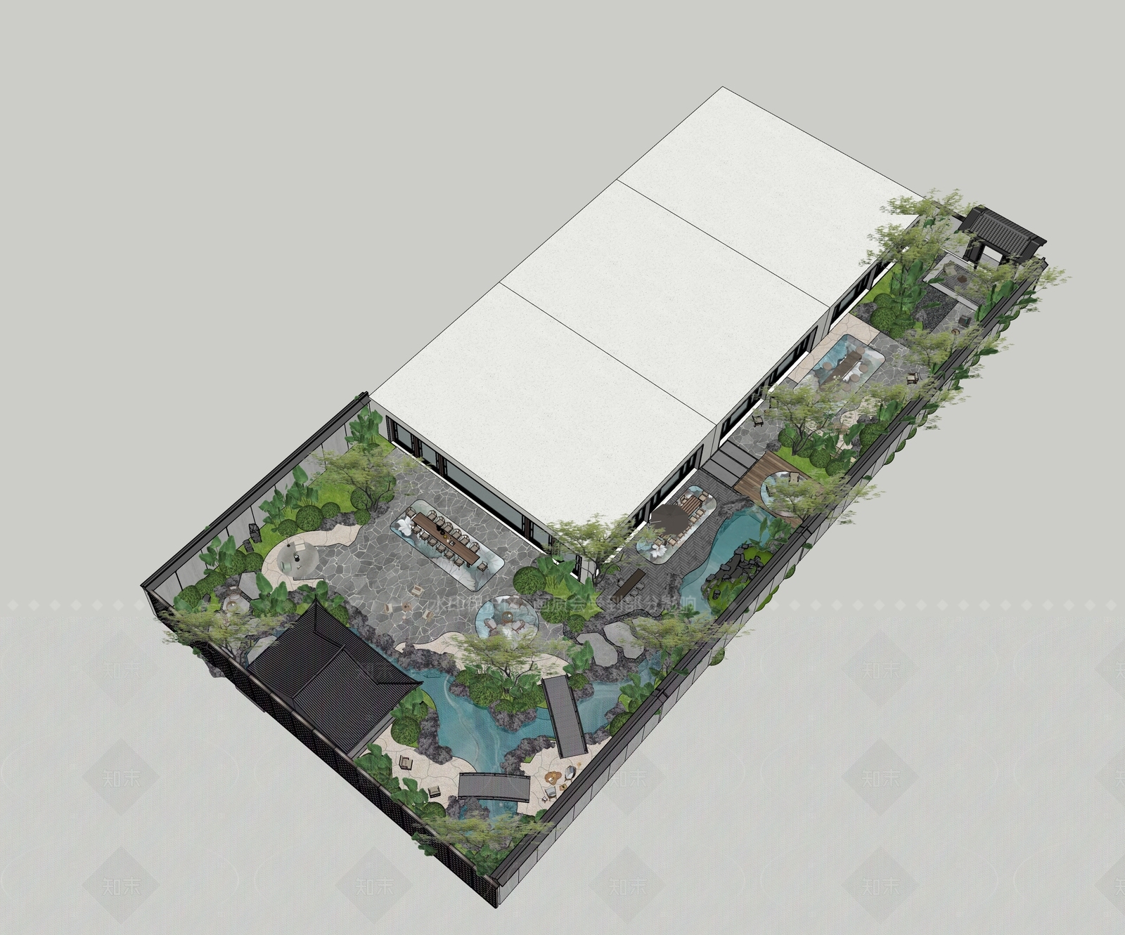 现代新中式别墅庭院SU模型下载【ID:1206241737】