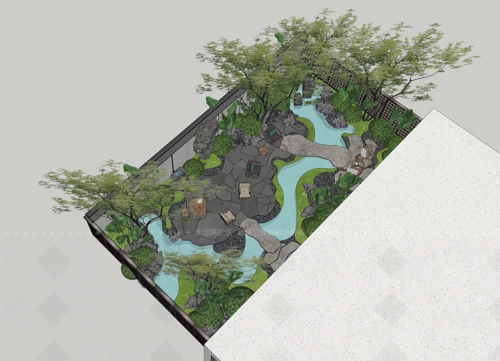 现代新中式别墅庭院SU模型下载【ID:1206241779】