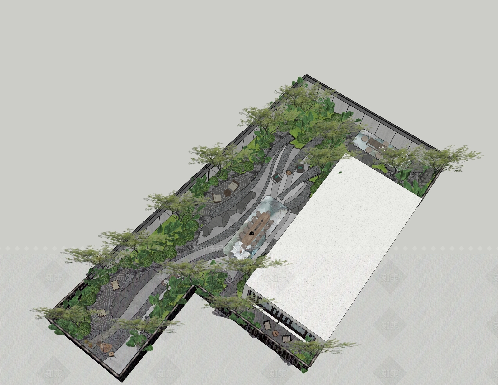 现代新中式别墅庭院SU模型下载【ID:1206241895】