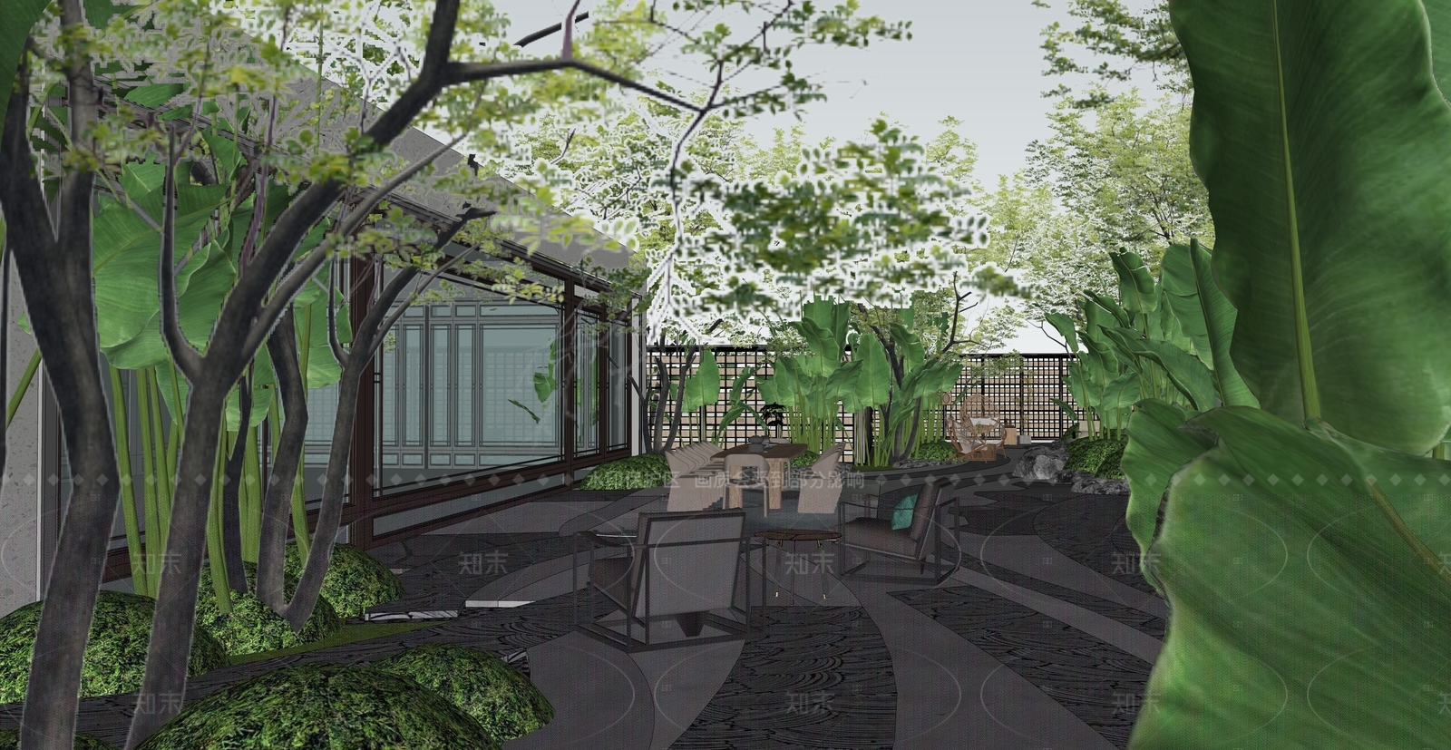 现代新中式别墅庭院SU模型下载【ID:1206241895】