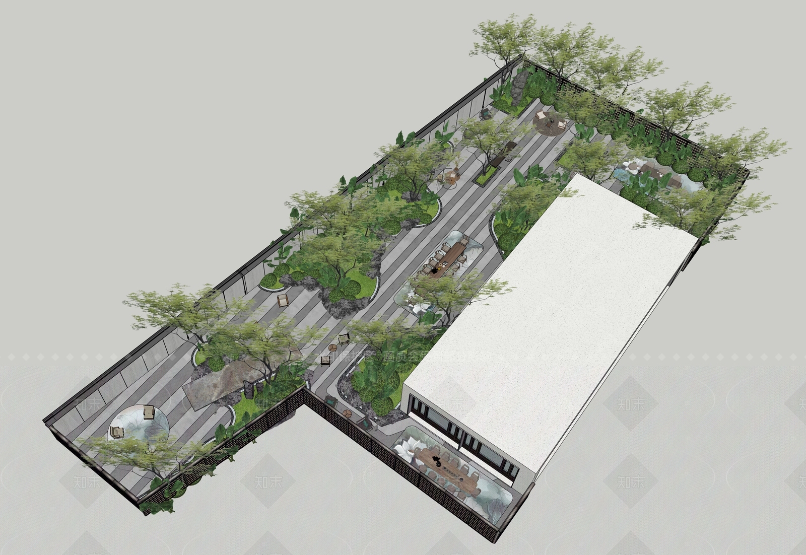 现代新中式别墅庭院SU模型下载【ID:1206241859】