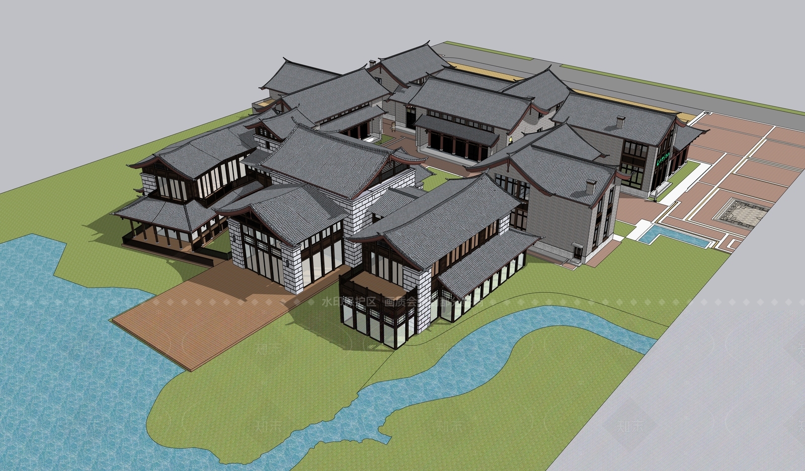 现代新中式酒店建筑SU模型下载【ID:1206271180】