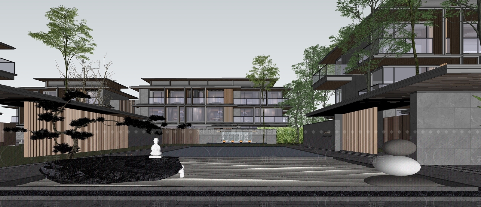 现代中式民宿建筑SU模型下载【ID:1206283634】