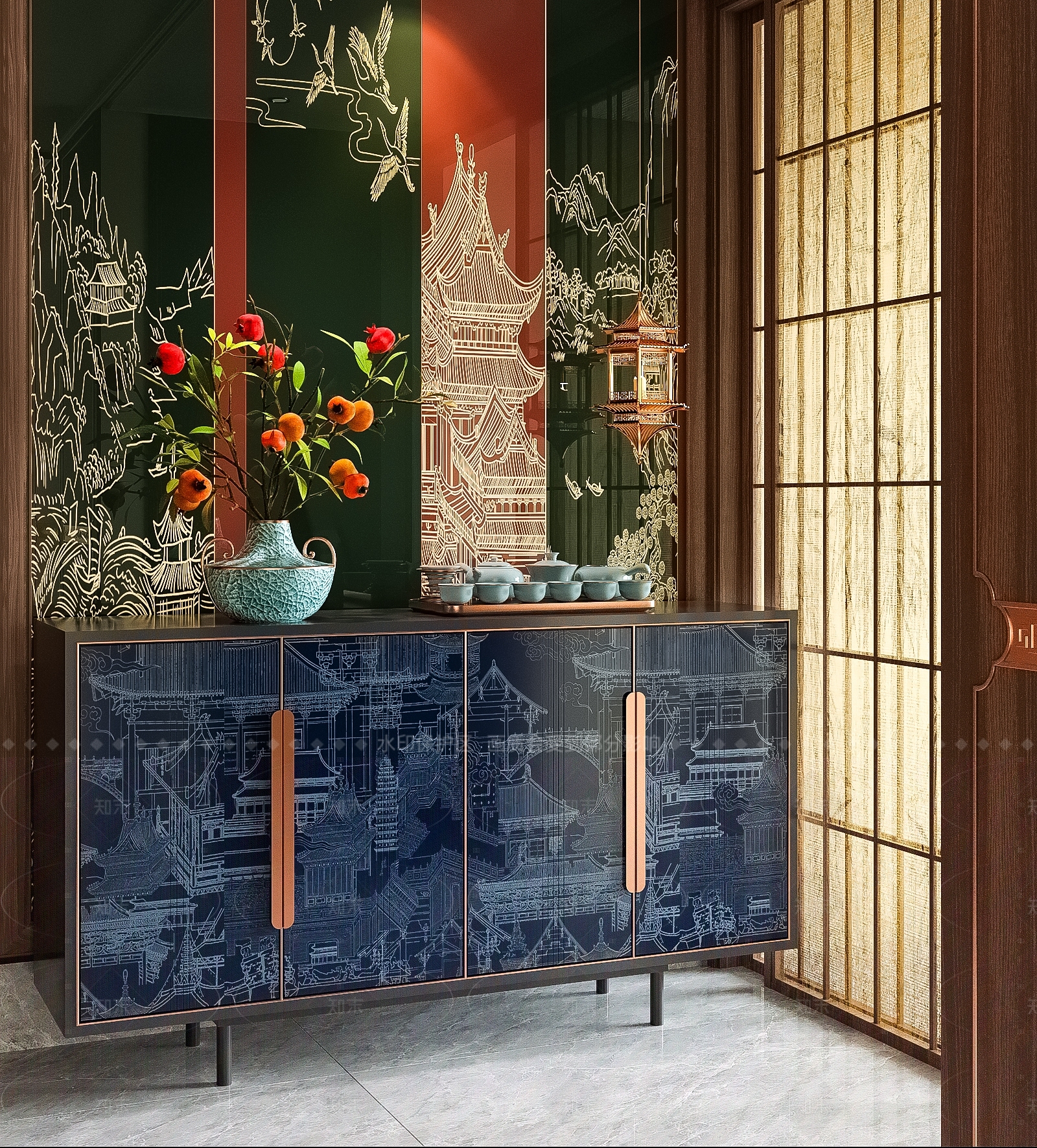 轻奢新中式玄关柜3D模型下载【ID:1206284065】