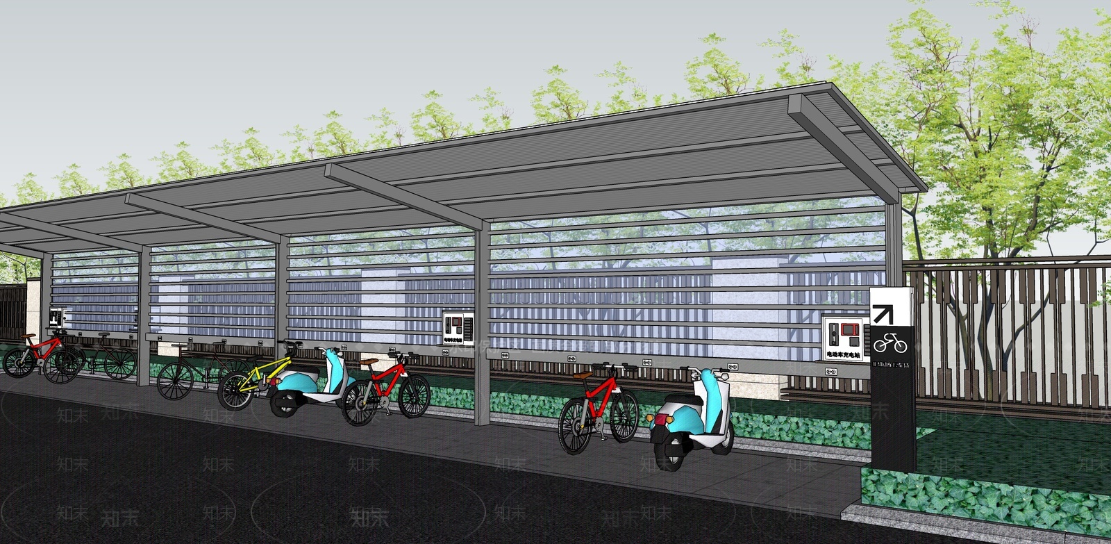 现代电动车自行车停车棚SU模型下载【ID:1206286274】