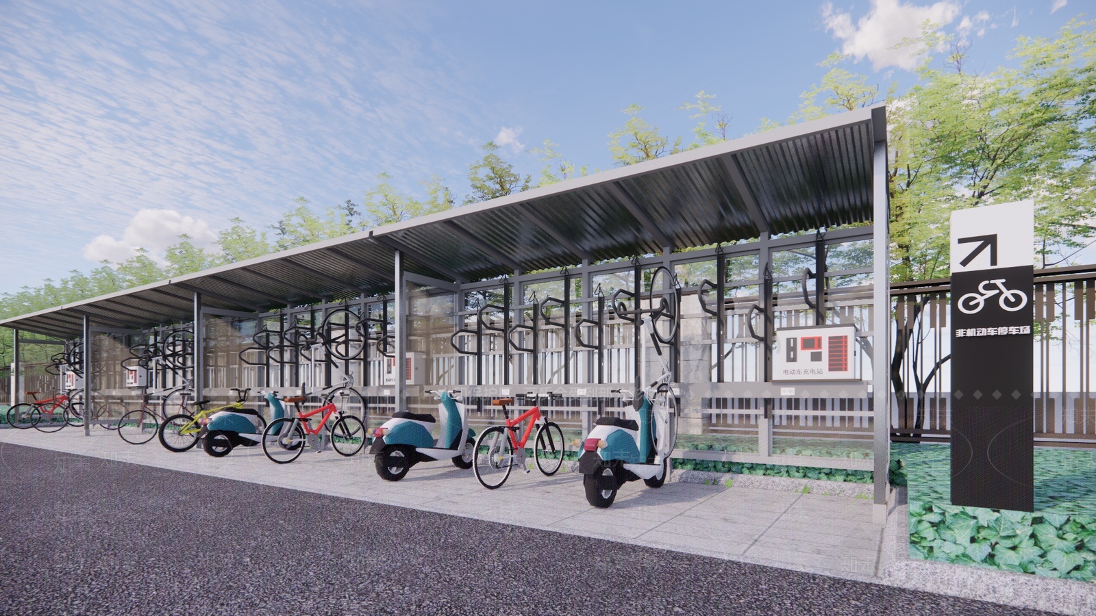 现代电动车自行车停车棚SU模型下载【ID:1206286349】