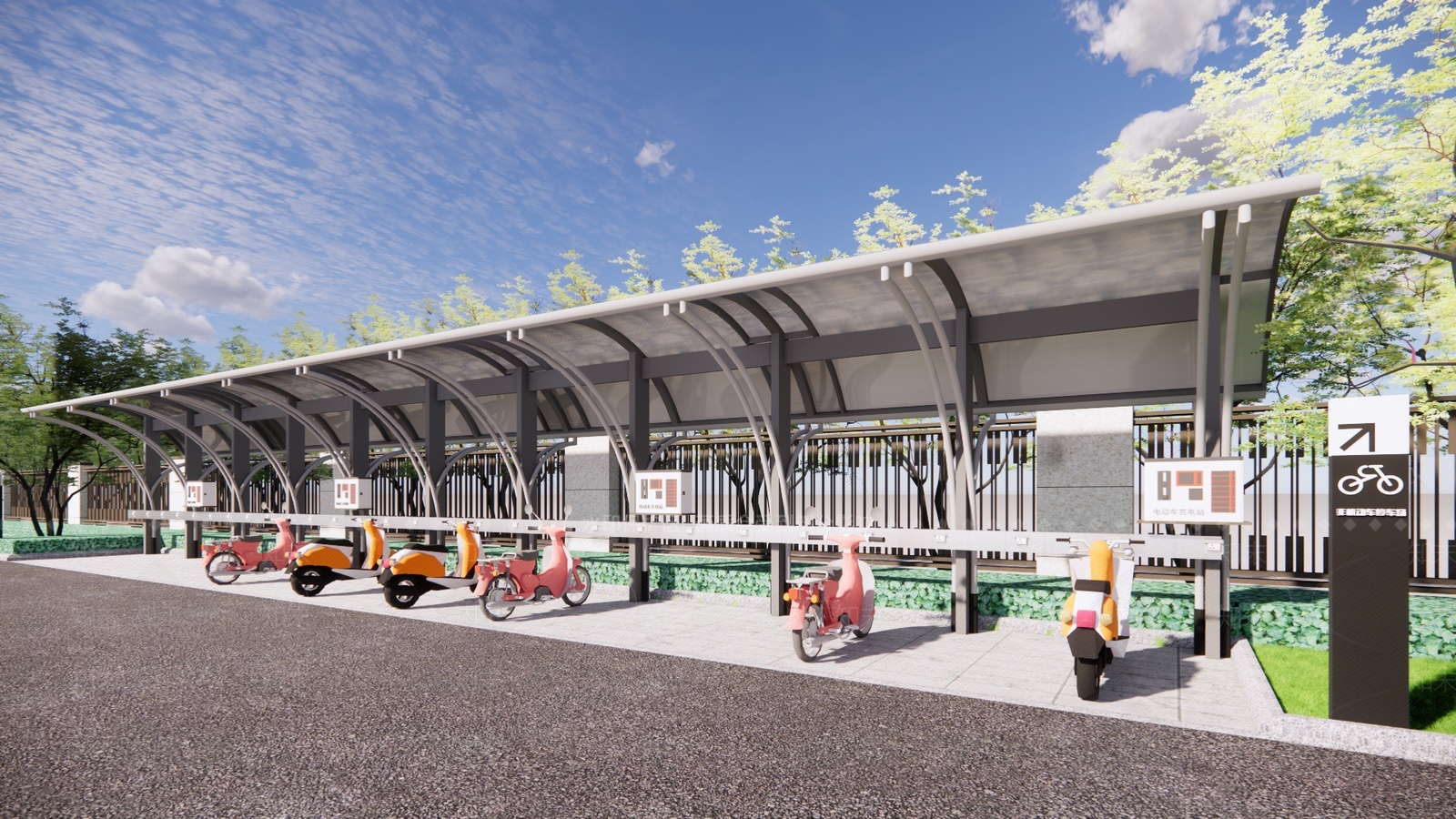 现代电动车自行车停车棚SU模型下载【ID:1206286445】