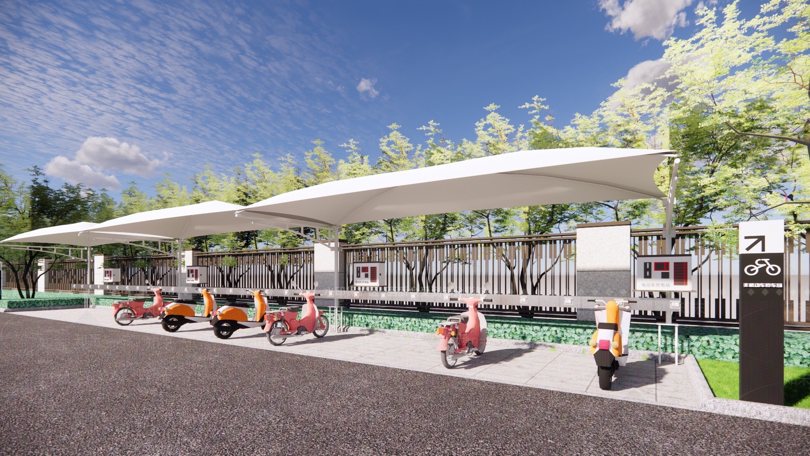 现代电动车自行车停车棚SU模型下载【ID:1206286514】