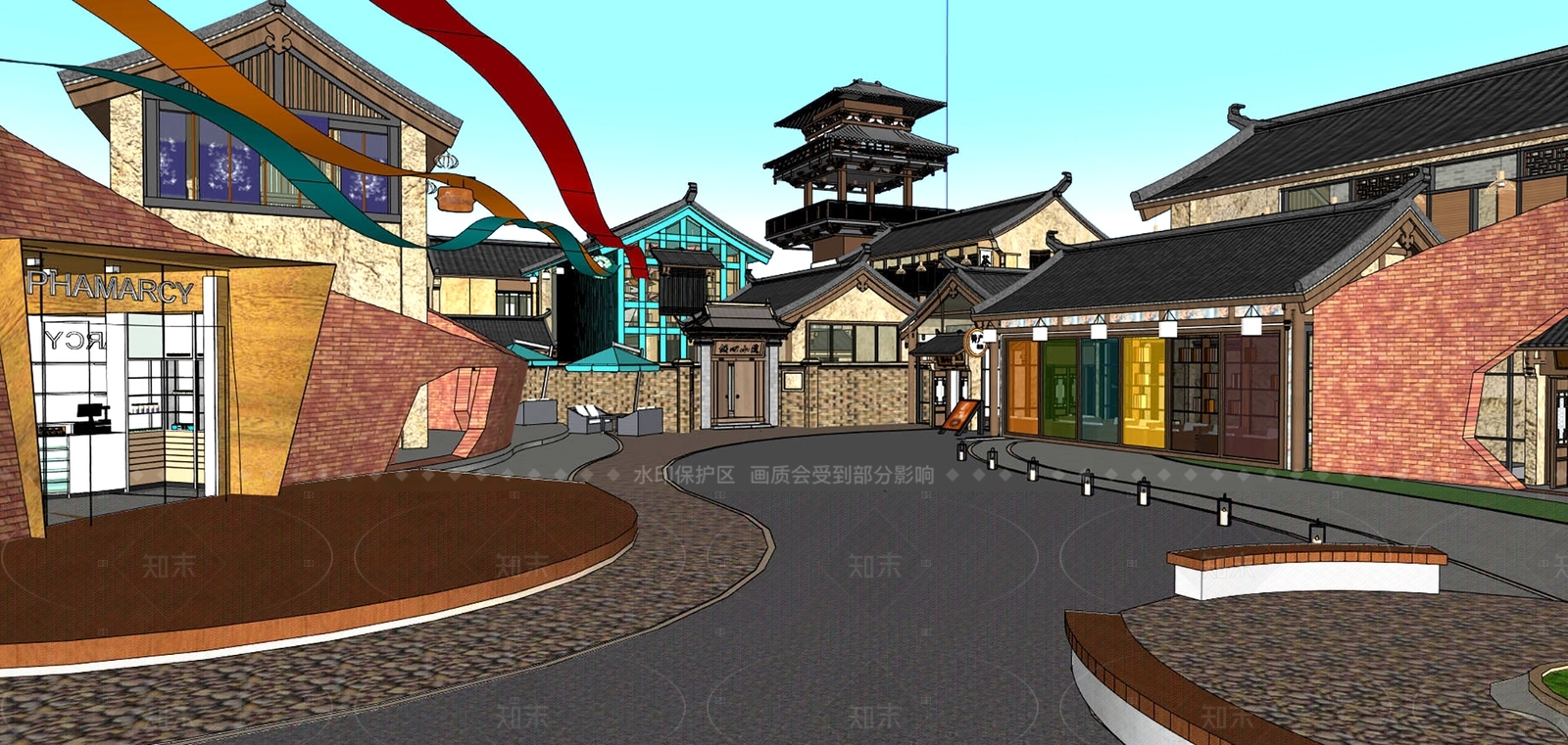 中式新中式商业街SU模型下载【ID:1206290462】