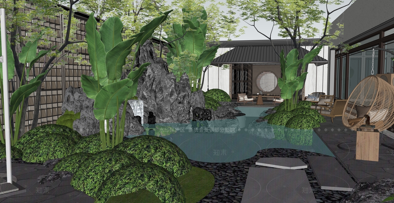 现代新中式别墅庭院SU模型下载【ID:1206299956】