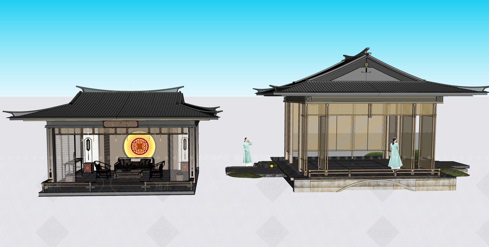 中式新中式廊架SU模型下载【ID:1206300776】