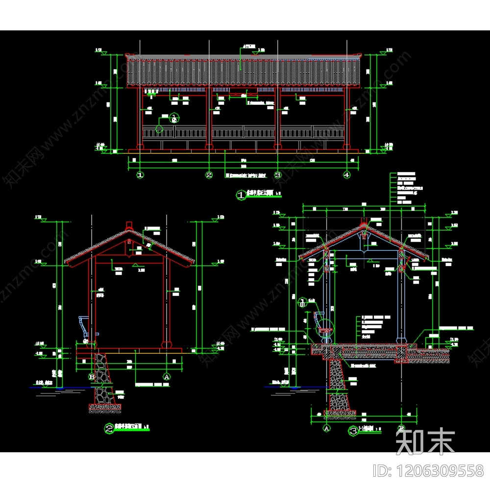新中式中式廊架cad施工图下载【ID:1206309558】
