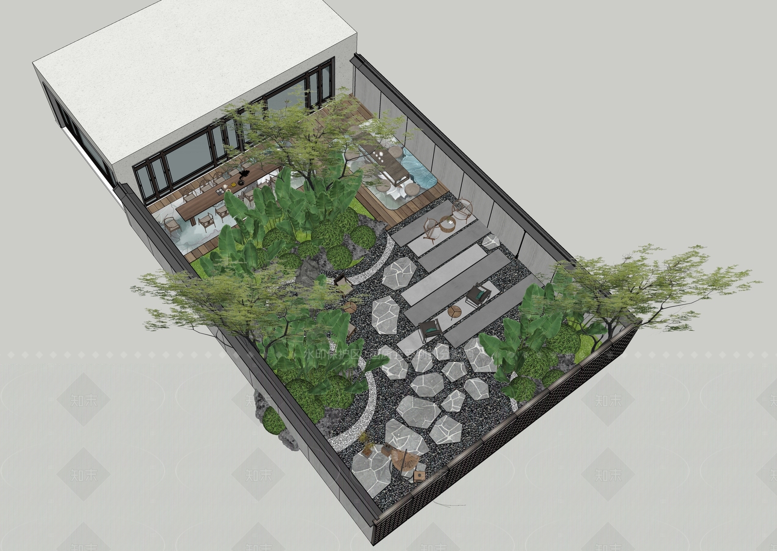 现代新中式别墅庭院SU模型下载【ID:1206341741】