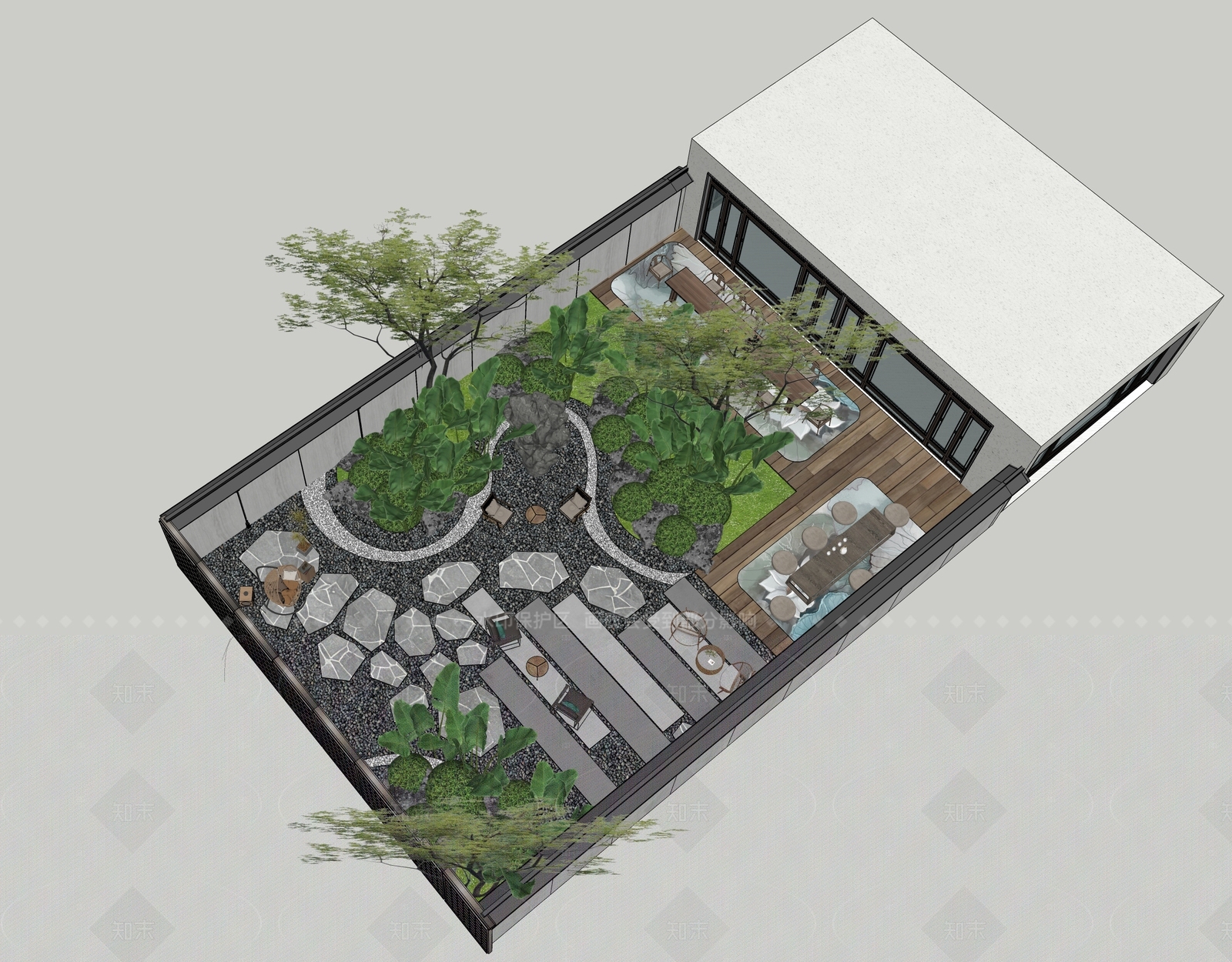 现代新中式别墅庭院SU模型下载【ID:1206341741】