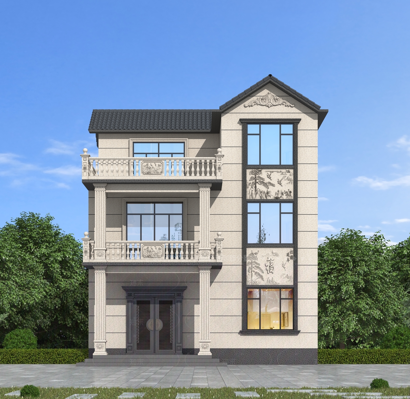 中式欧式独栋别墅3D模型下载【ID:1206350807】