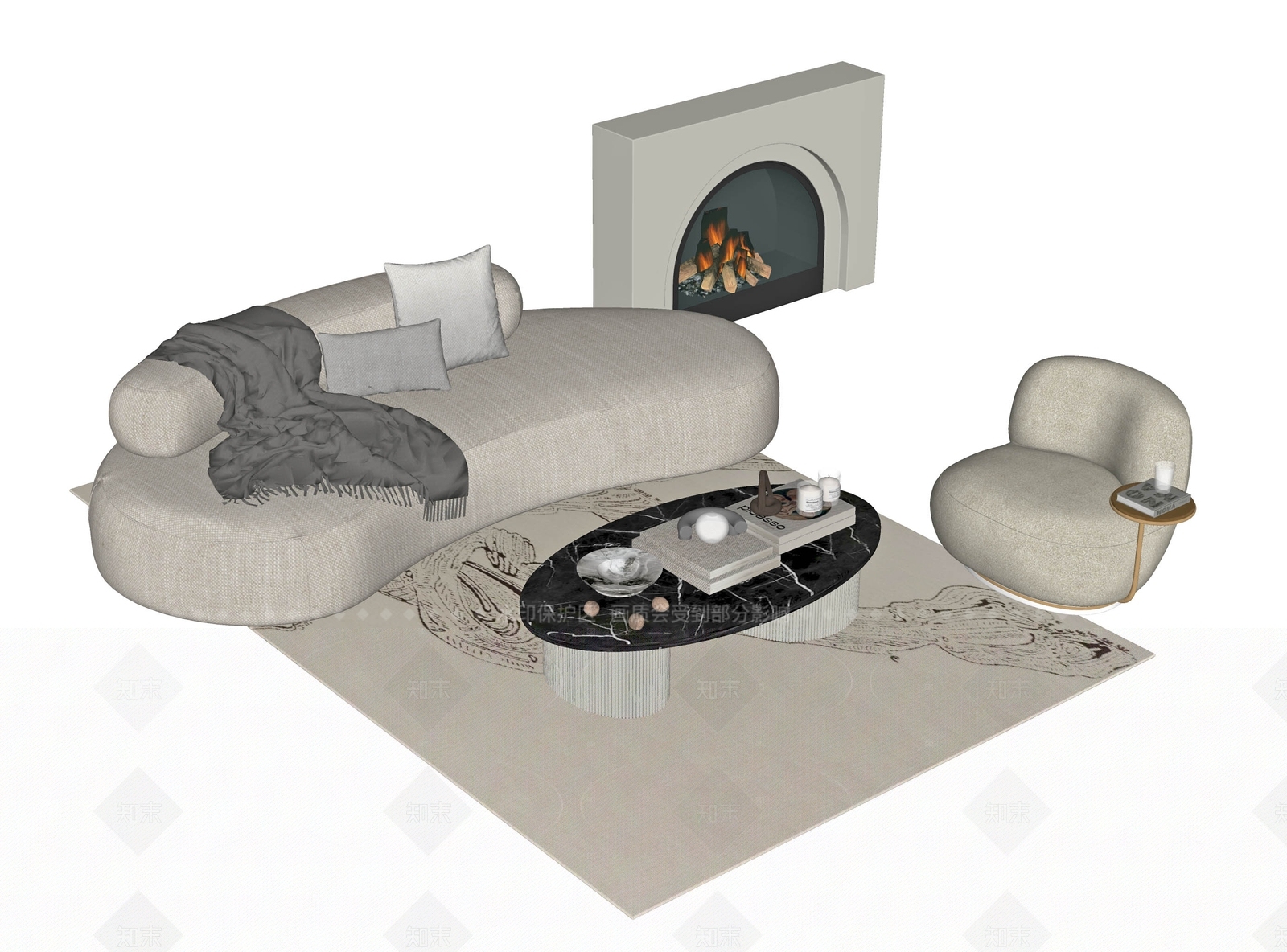 法式奶油沙发组合SU模型下载【ID:1206357884】