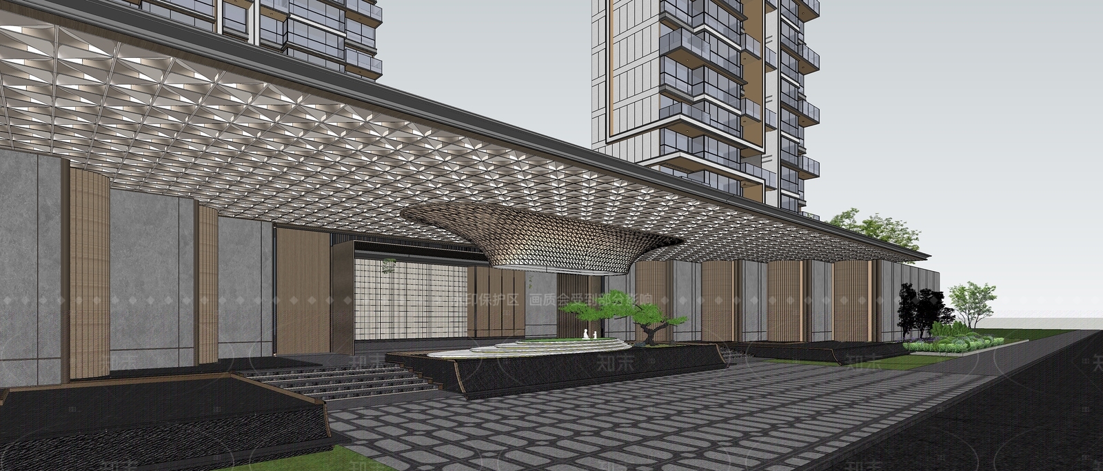 现代新中式小区建筑SU模型下载【ID:1206361130】