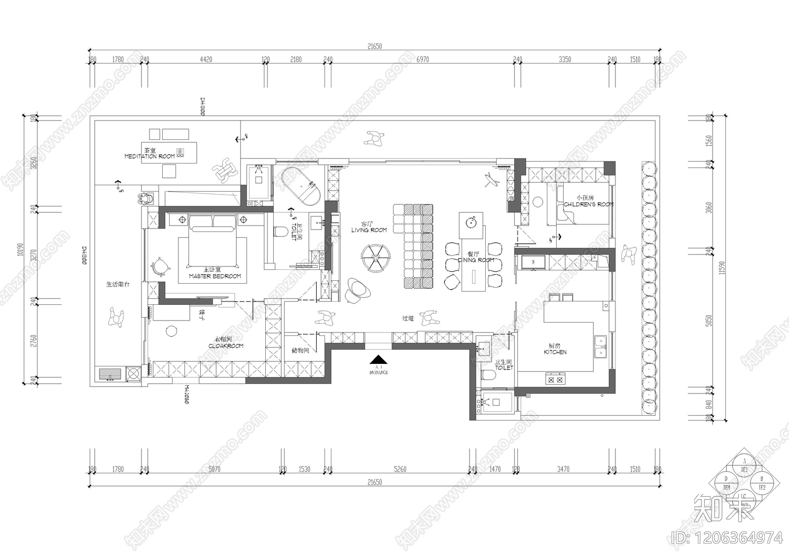 小户型平层施工图下载【ID:1206364974】