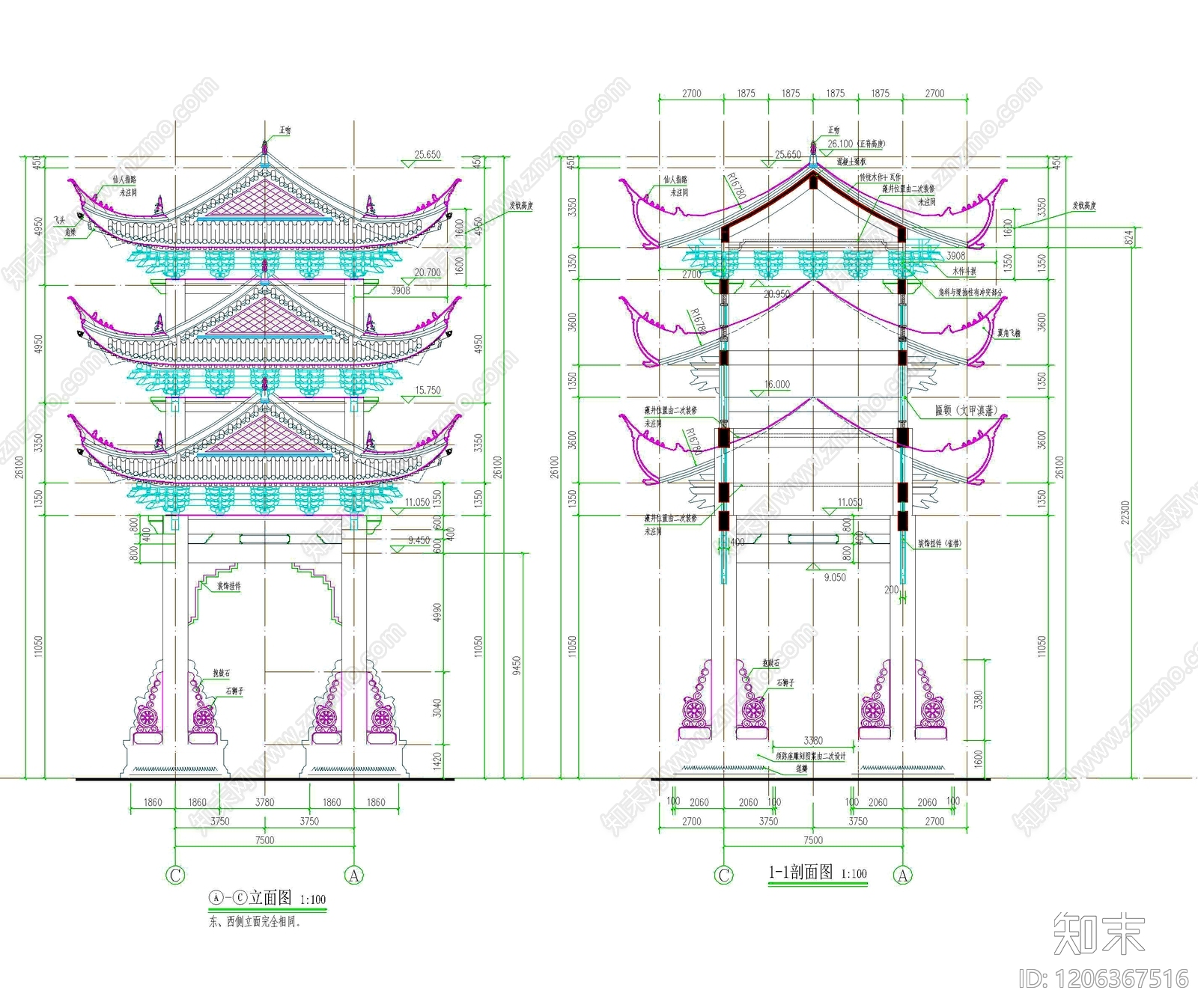 仿古建筑cad施工图下载【ID:1206367516】
