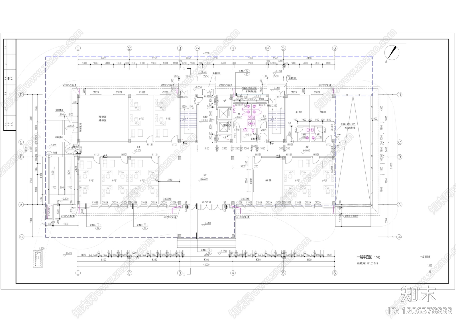 新中式办公楼建筑cad施工图下载【ID:1206378833】