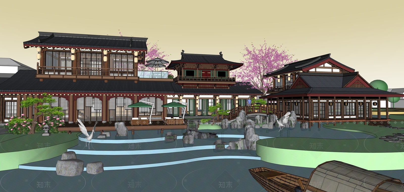 新中式中式民宿建筑SU模型下载【ID:1206379234】