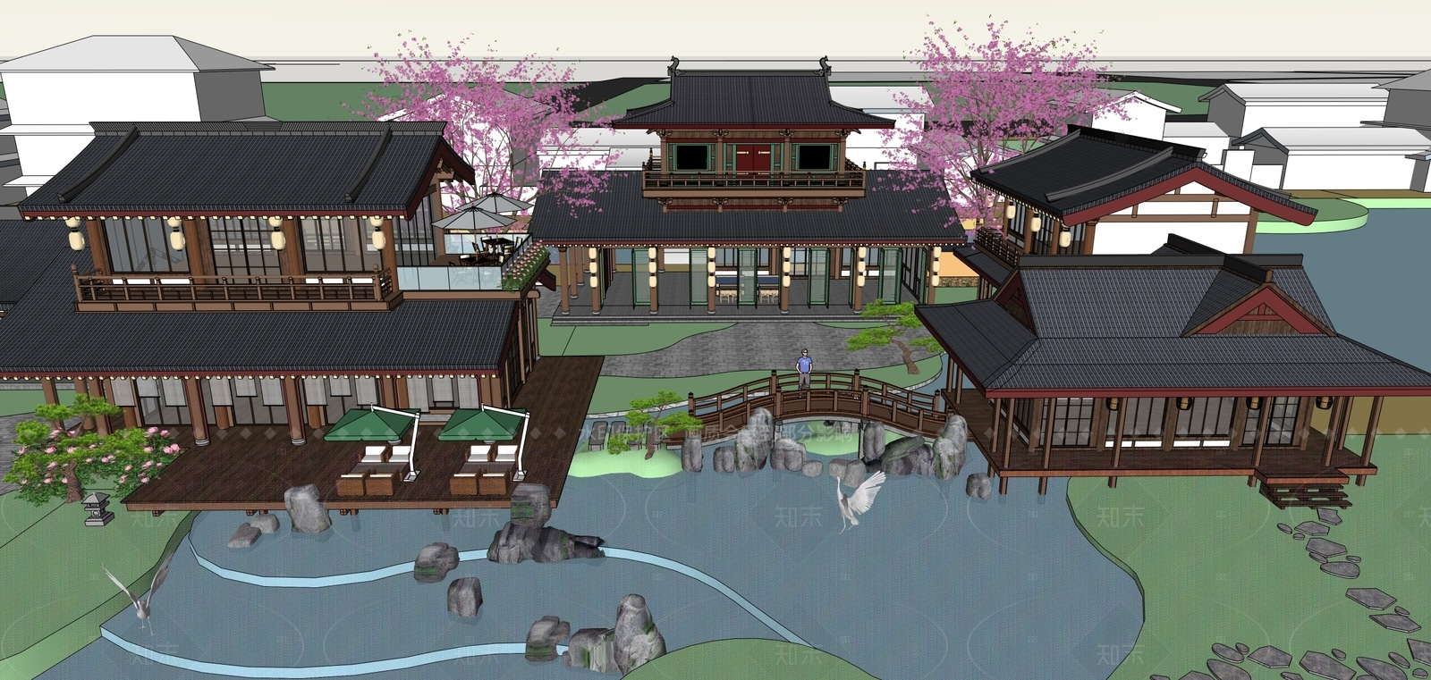 新中式中式民宿建筑SU模型下载【ID:1206379234】