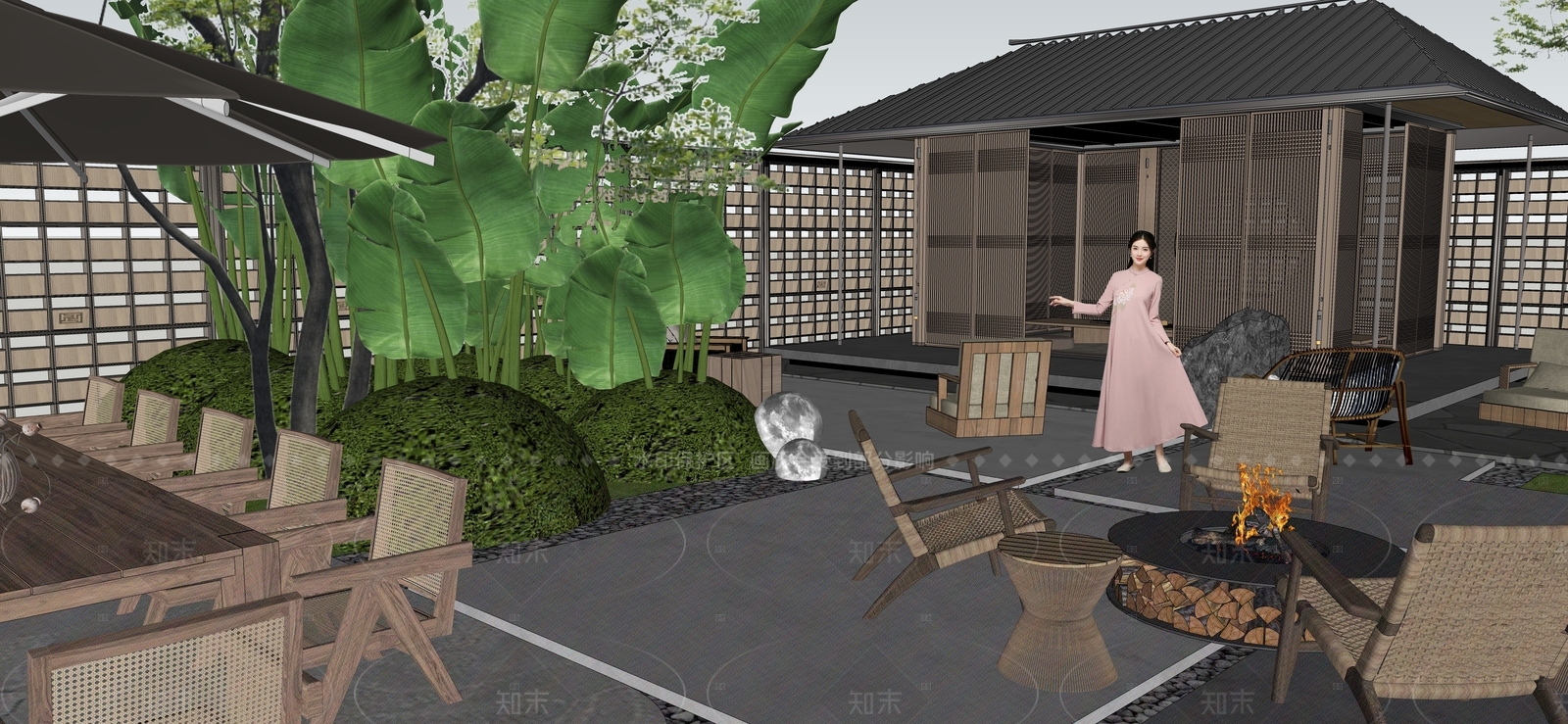 现代新中式别墅庭院SU模型下载【ID:1206385922】