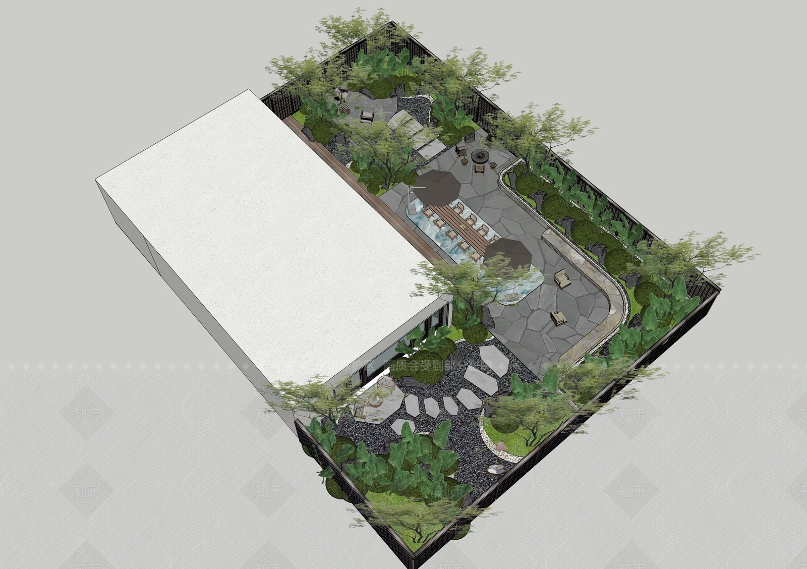 现代新中式别墅庭院SU模型下载【ID:1206386032】