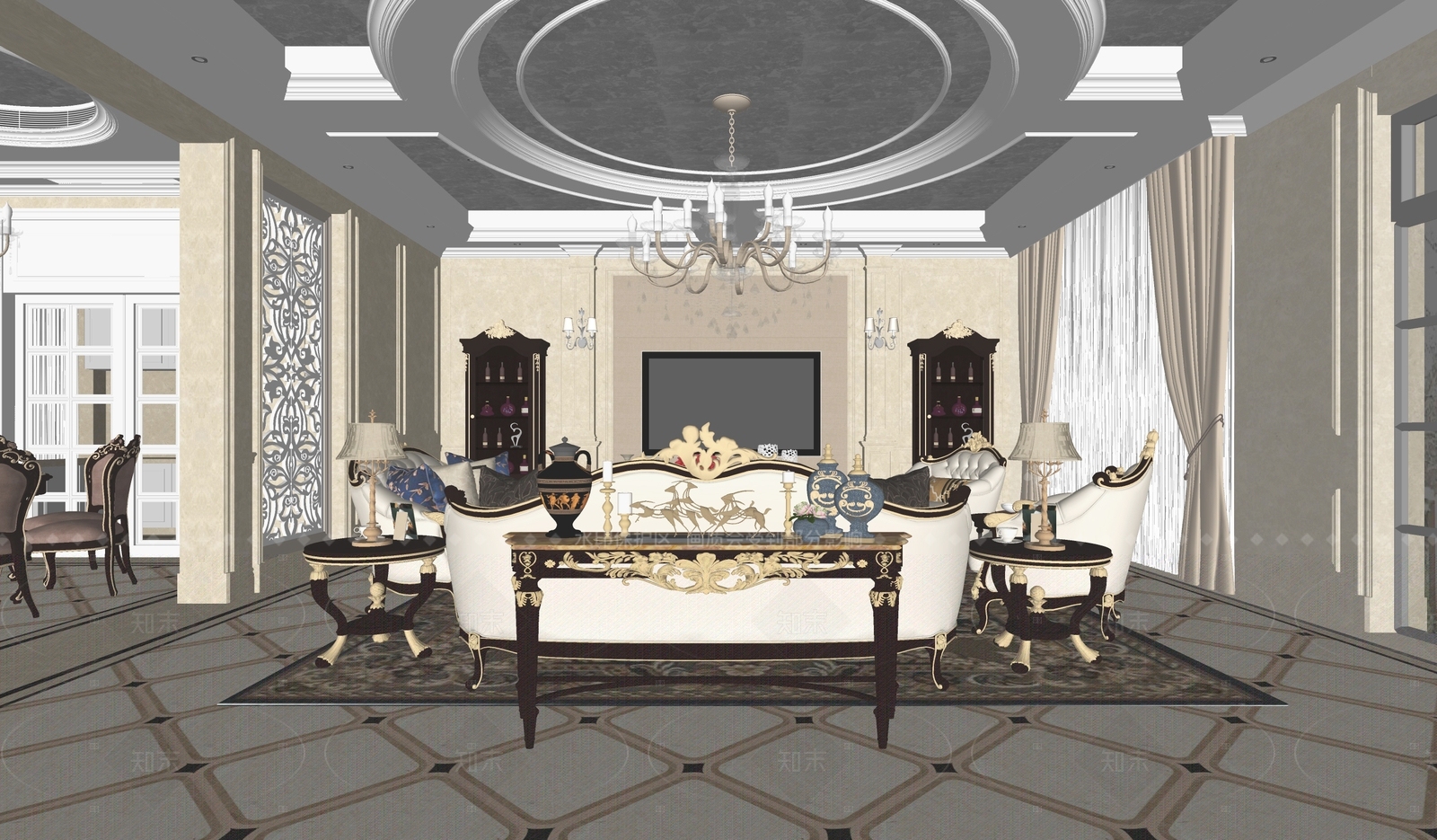 欧式法式别墅客厅SU模型下载【ID:1206404958】