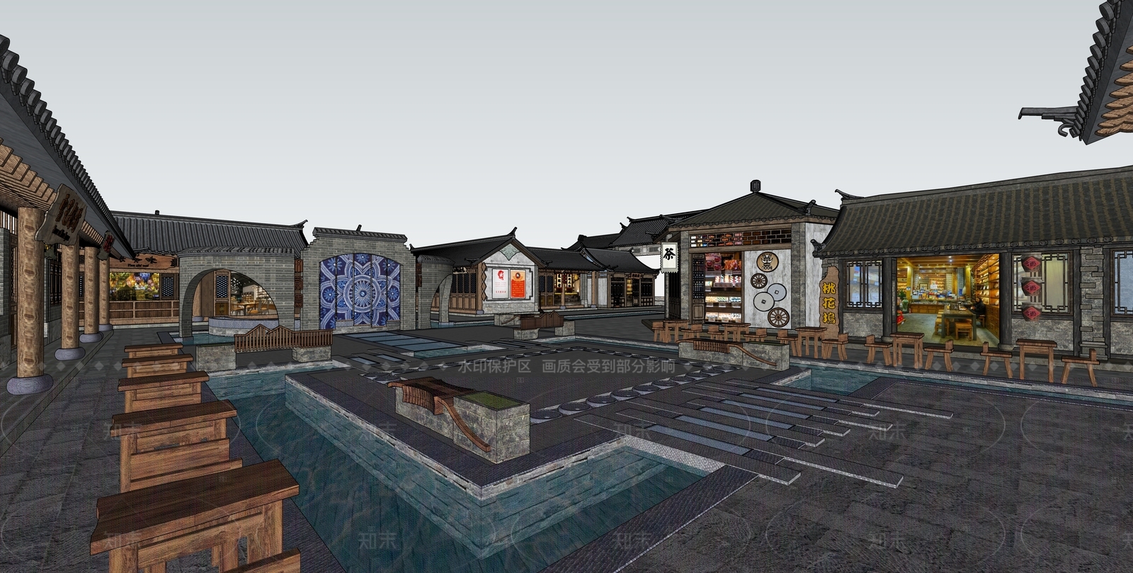 现代新中式古建筑SU模型下载【ID:1206424248】