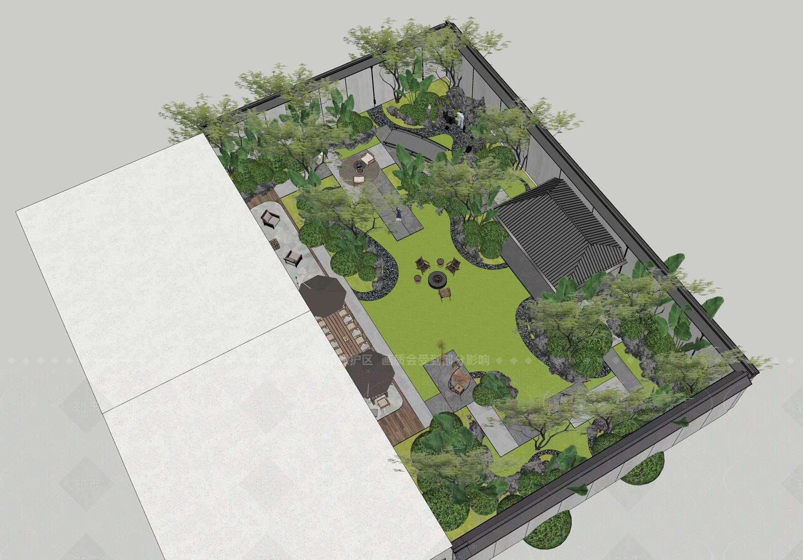 现代新中式别墅庭院SU模型下载【ID:1206427940】