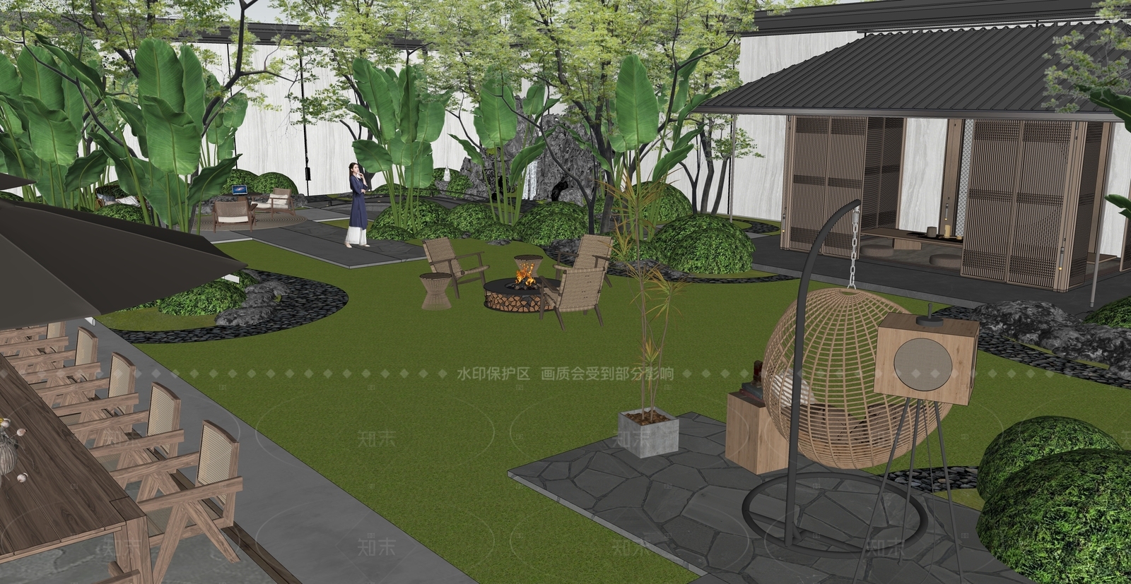 现代新中式别墅庭院SU模型下载【ID:1206427940】