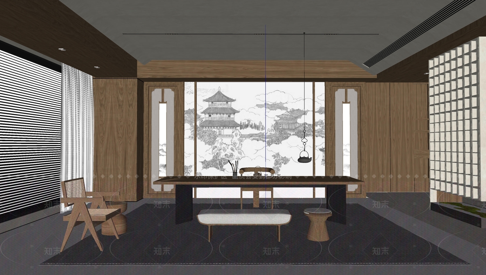 新中式中式书房SU模型下载【ID:1206443626】