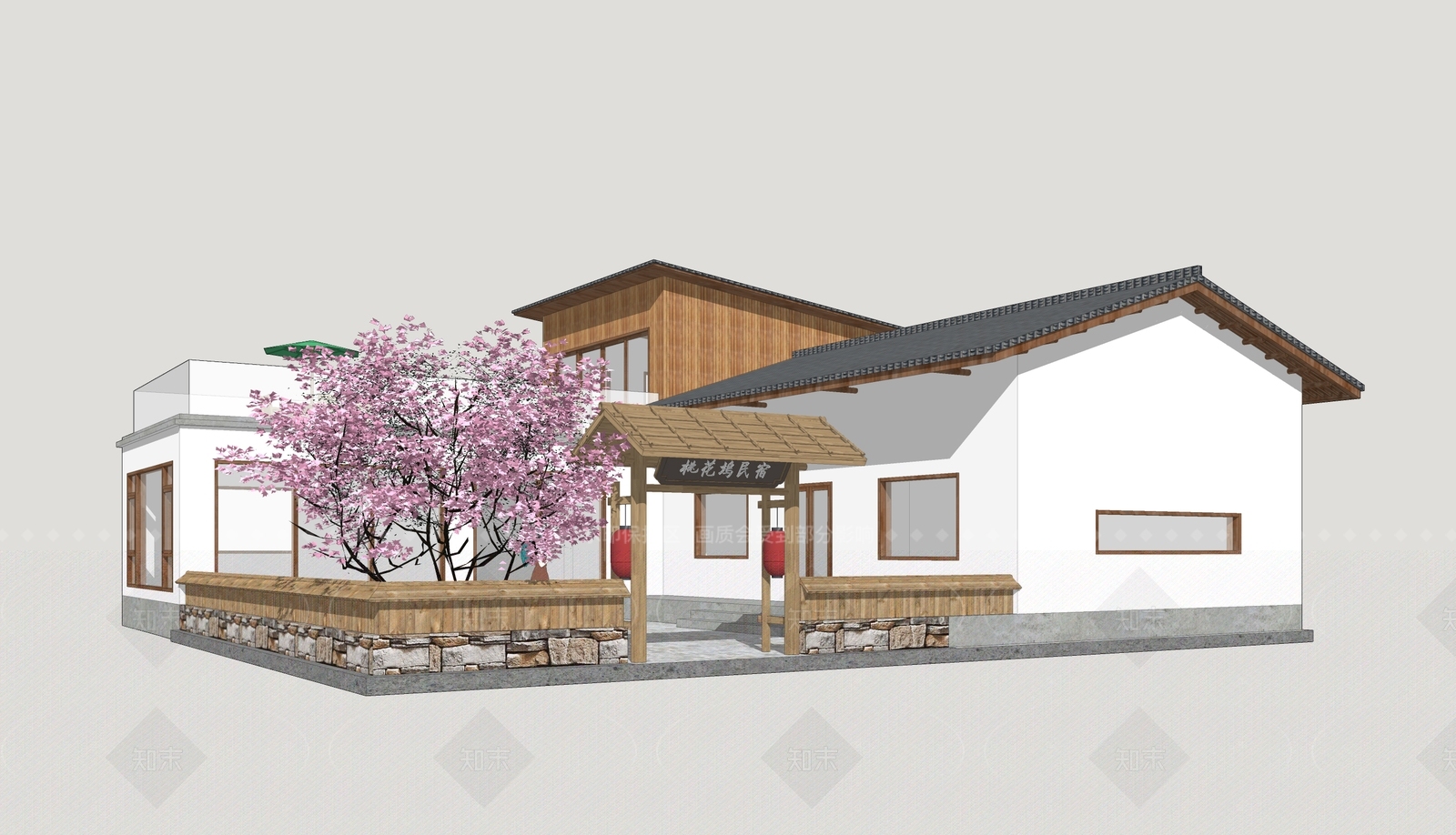 新中式民宿建筑SU模型下载【ID:1206447417】