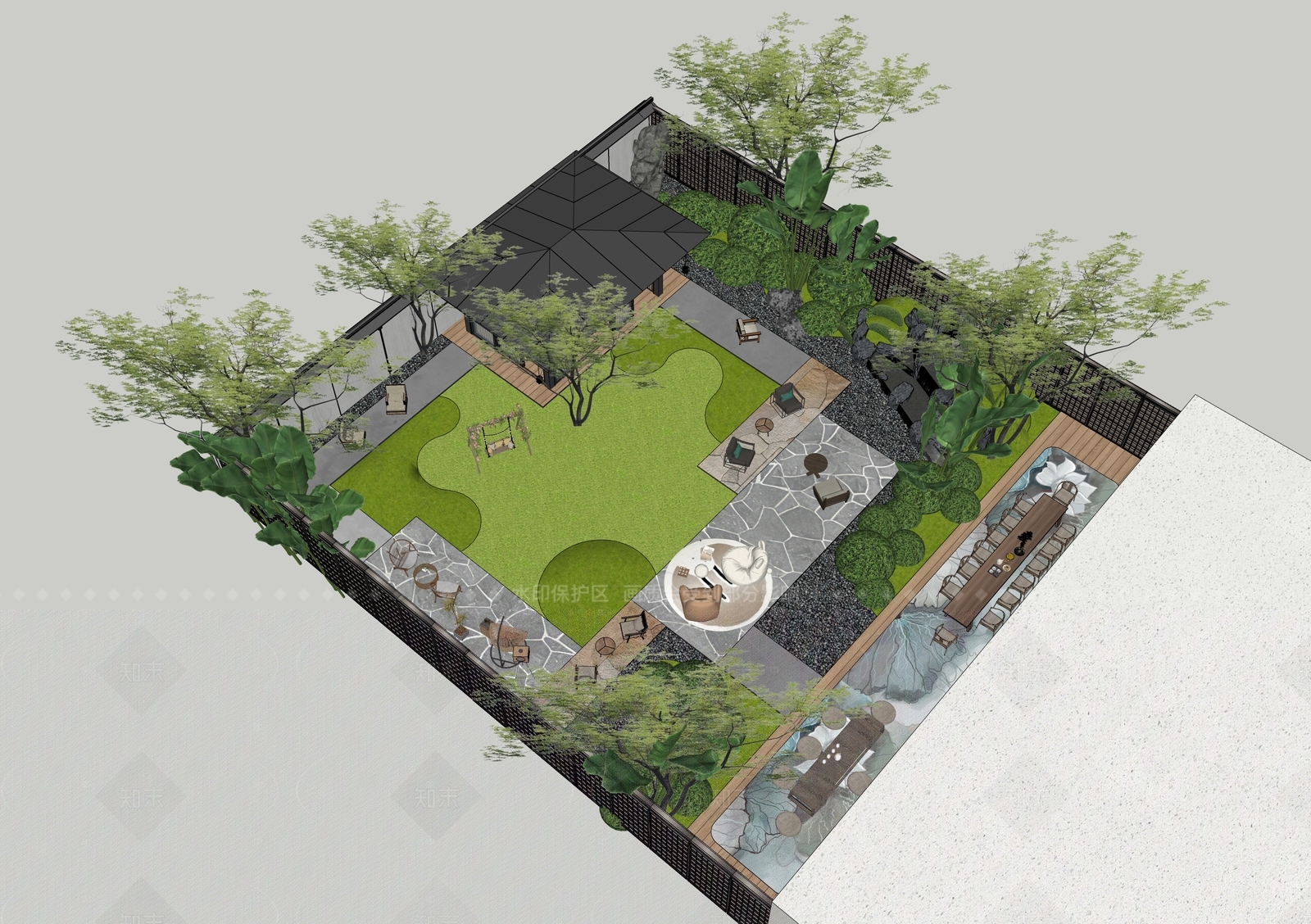 现代新中式别墅庭院SU模型下载【ID:1206490904】