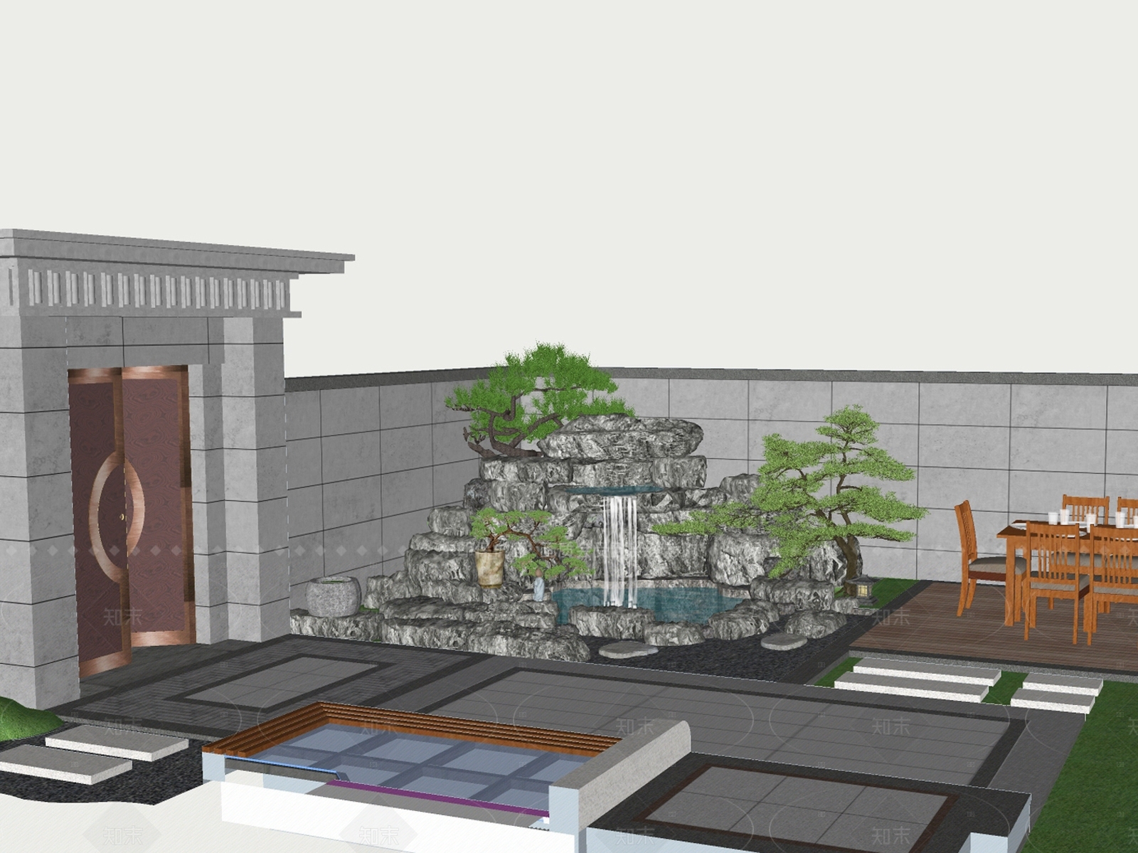 现代新中式别墅庭院SU模型下载【ID:1206517366】