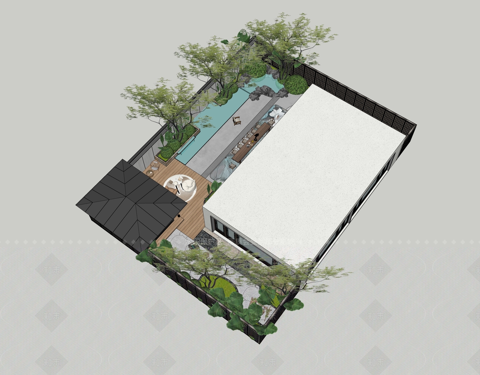现代新中式别墅庭院SU模型下载【ID:1206520150】