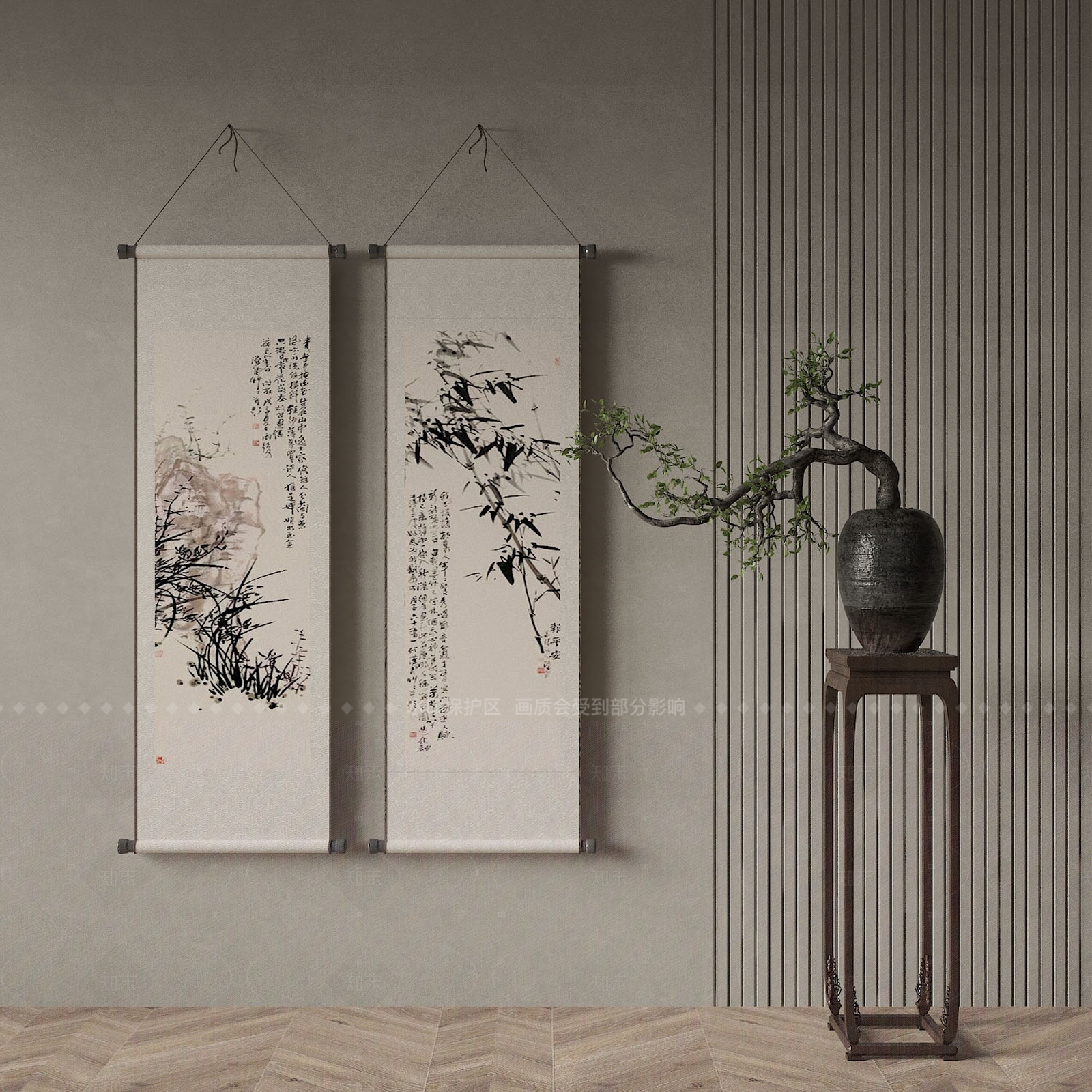 新中式宋式挂画3D模型渲染效果图