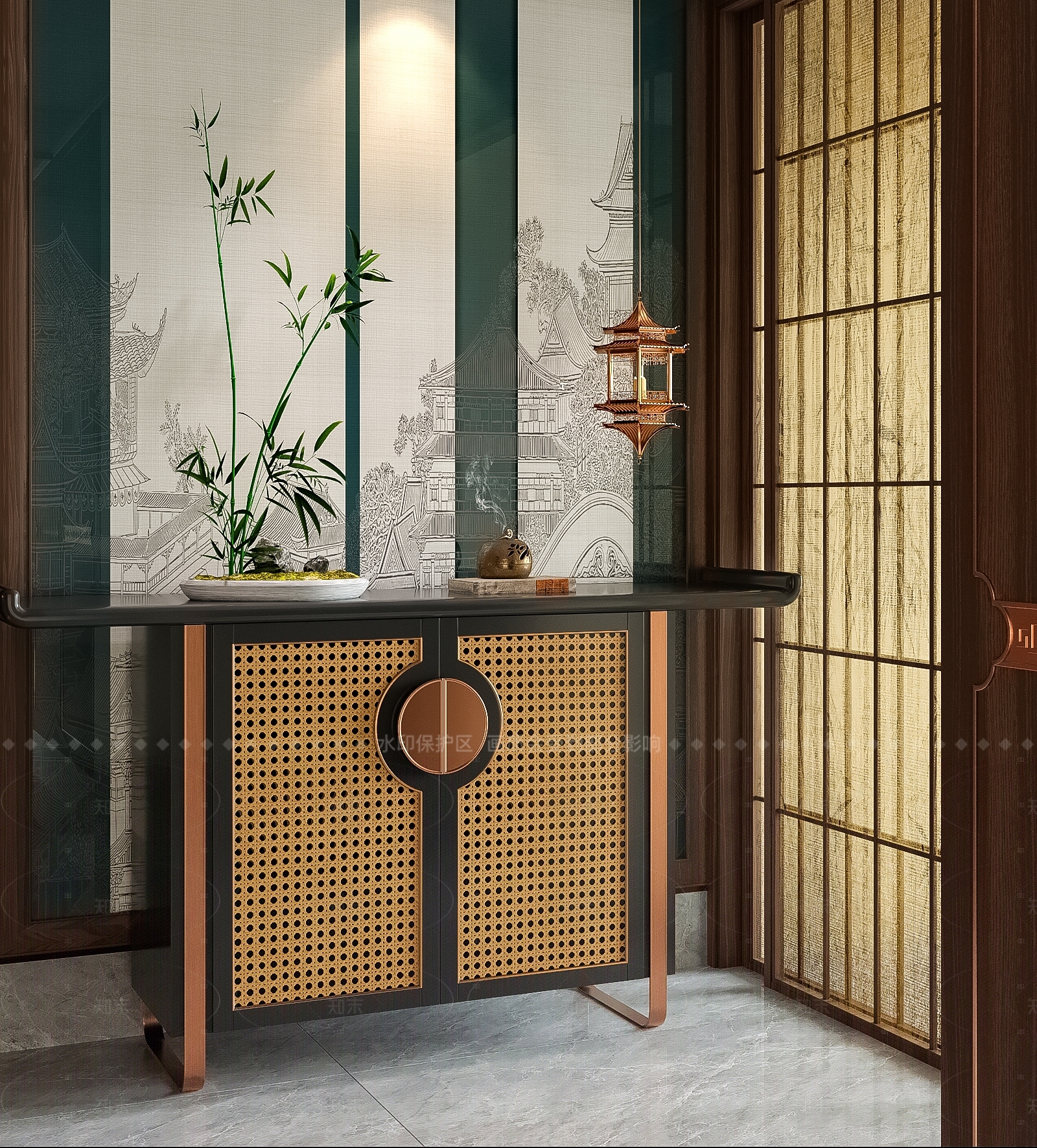 新中式中古玄关柜SU模型下载【ID:1206525961】