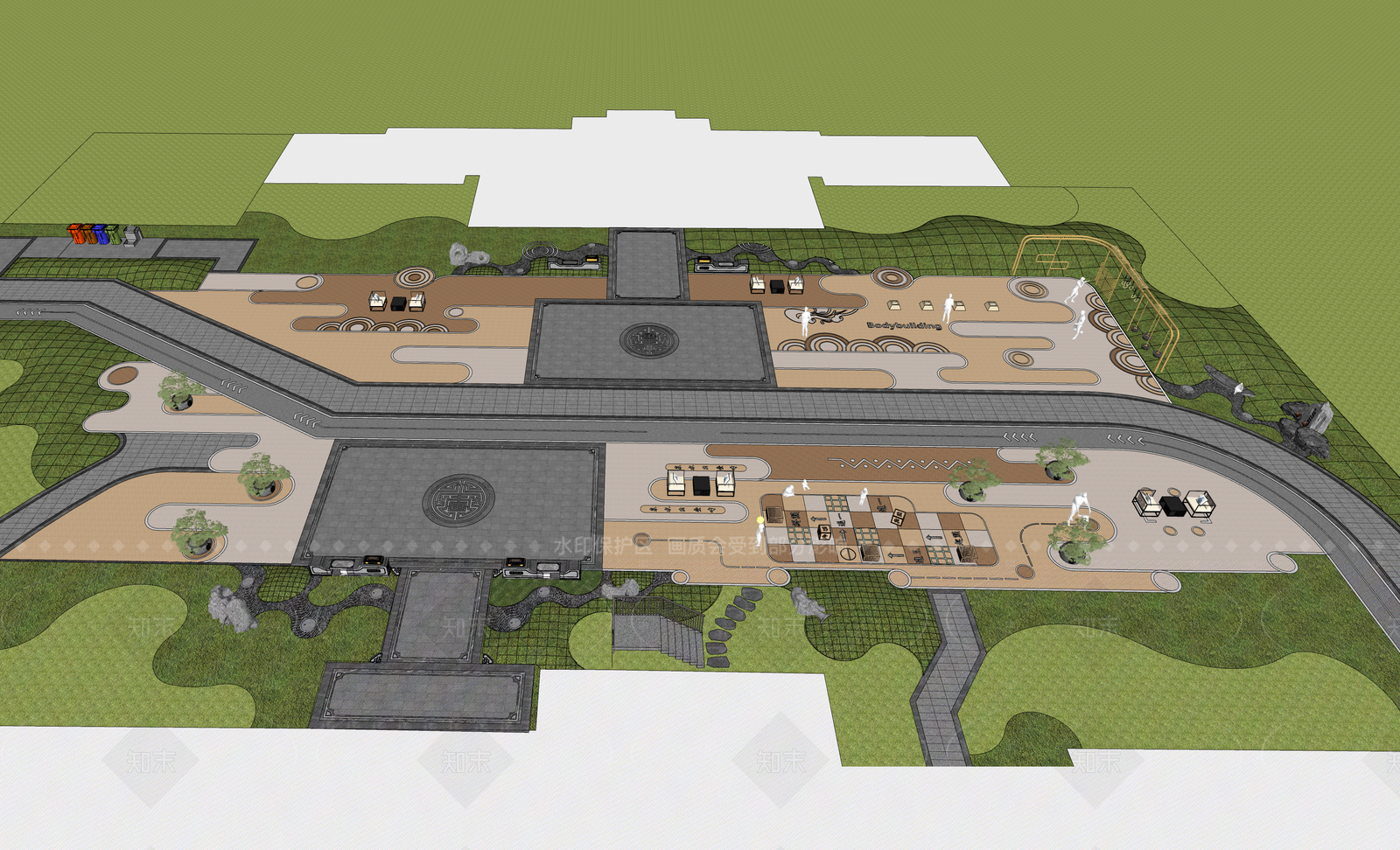 新中式中式小区景观SU模型下载【ID:1206534728】