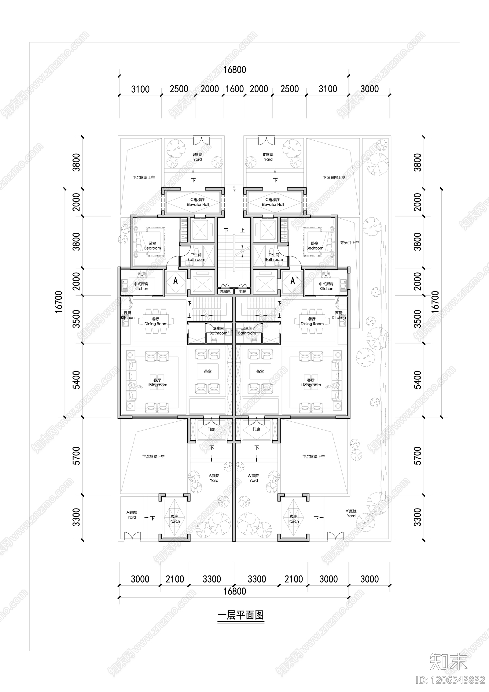 现代新中式别墅建筑施工图下载【ID:1206543832】