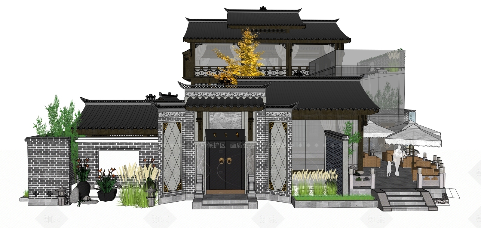 新中式中式古建筑SU模型下载【ID:1206549869】