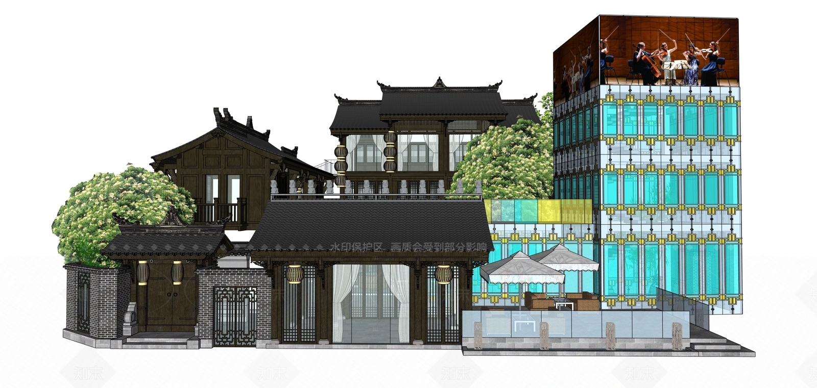 新中式中式古建筑SU模型下载【ID:1206549966】
