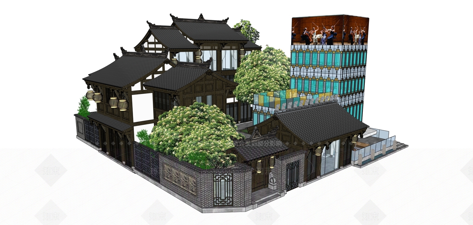 新中式中式古建筑SU模型下载【ID:1206549966】