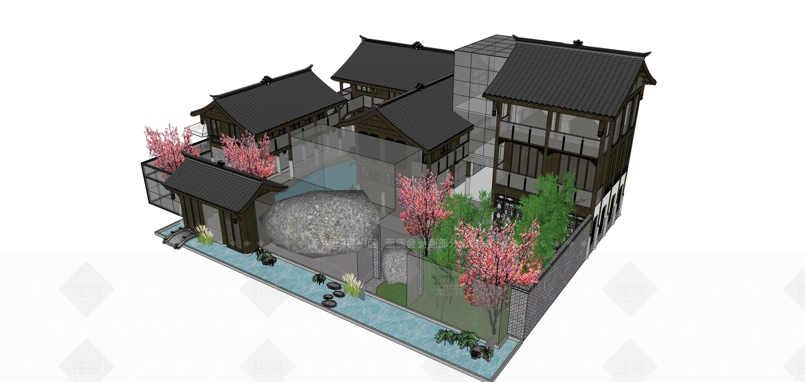 新中式中式餐饮建筑SU模型下载【ID:1206550312】