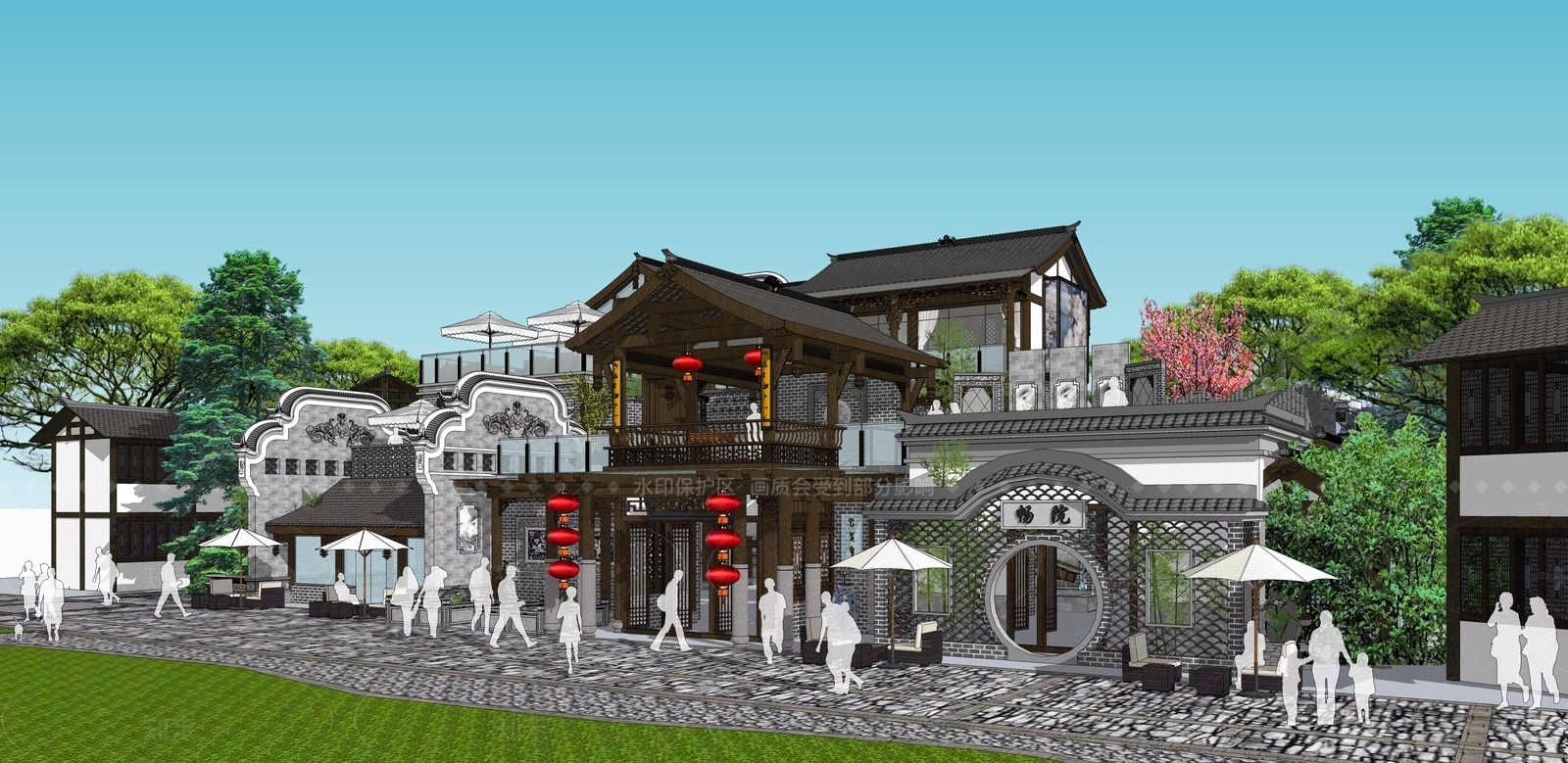 新中式中式风格建筑SU模型下载【ID:1206551462】